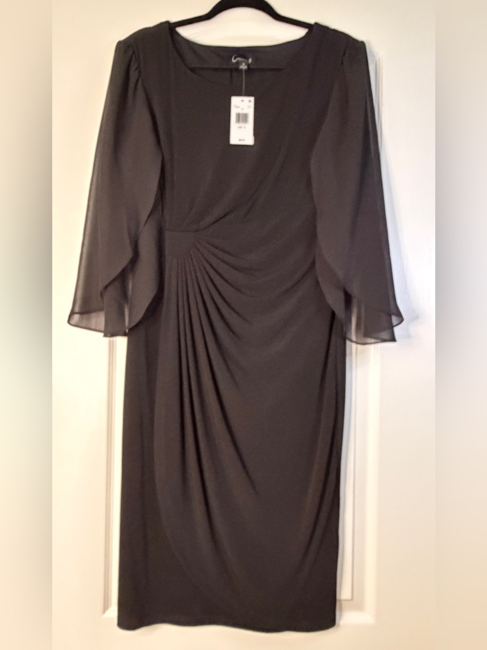 Connected Apparel Black Ruched Sheath Dress Size 14 Cape Bell Sleeves